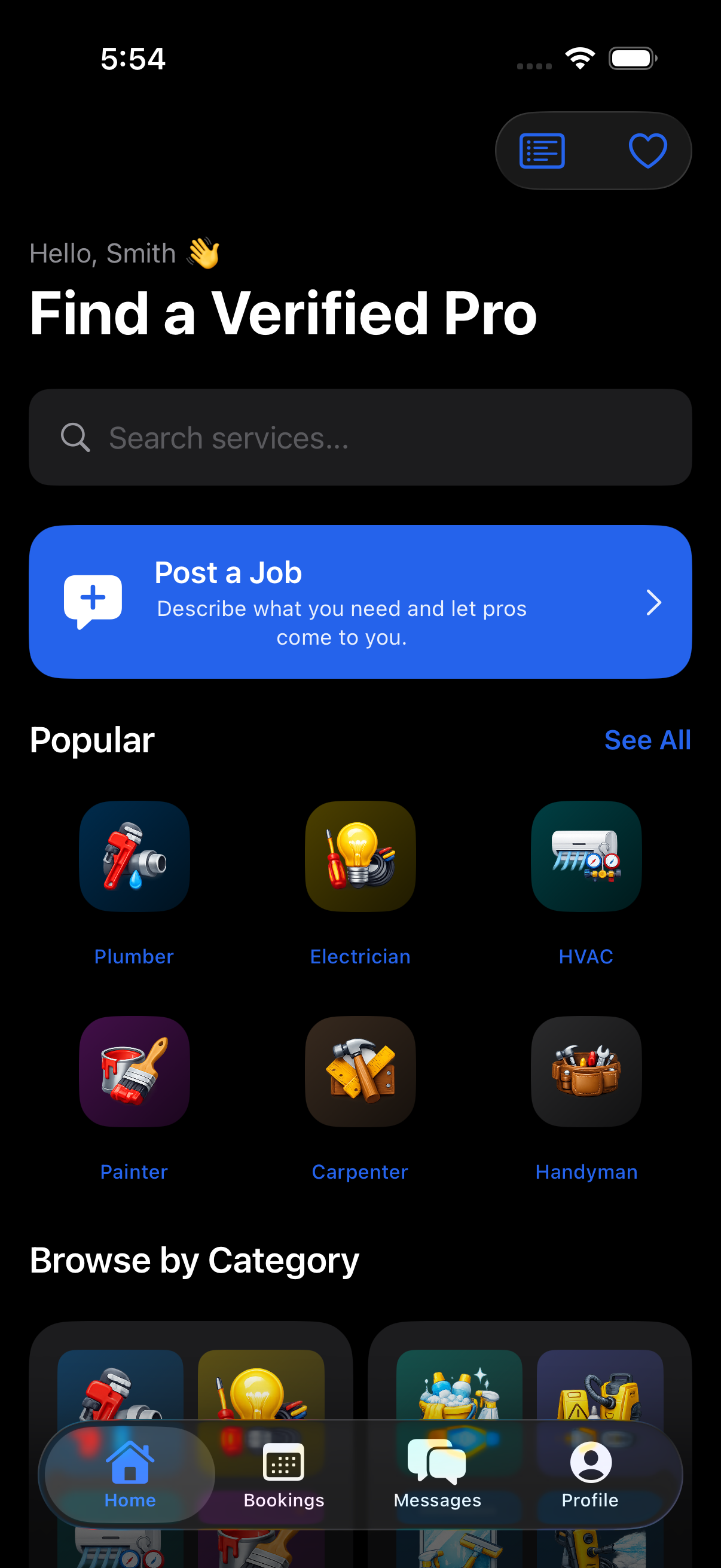 VeraFix homeowner home screen