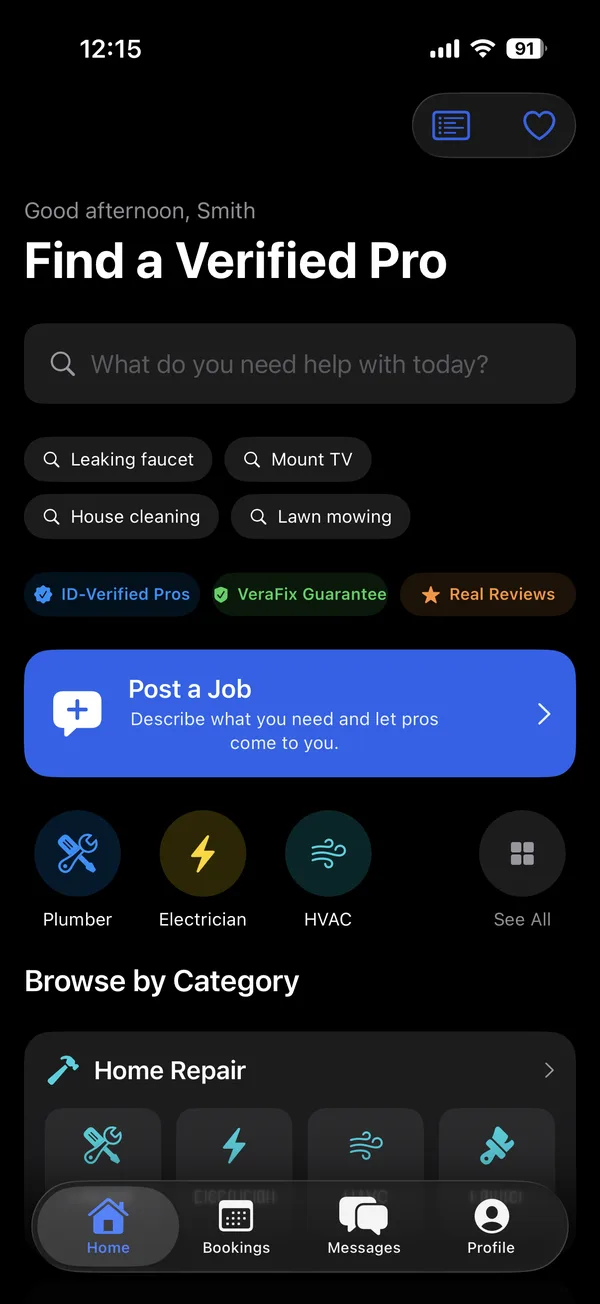 VeraFix homeowner home screen